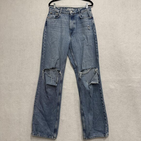 Zara Jeans Womens 10 Blue Distressed High Rise Straight Leg Ripped Denim Pants - Picture 1 of 8